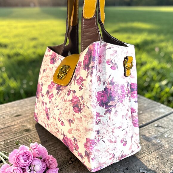 Sharif Legacy Vintage Signature Leather Floral Satchel Everyday Tote Bag - Picture 3 of 16